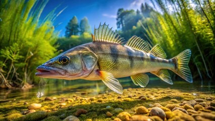 Fototapeta premium Pikeperch Swimming in Clean Pond Water, nature photography, clear water