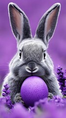 Fototapeta premium Bunny holding egg in lavender field, Easter season, close up