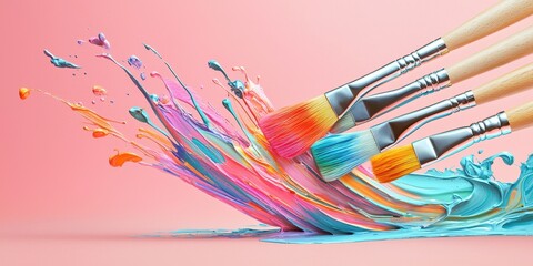 Obraz premium Floating paintbrushes with colorful paint splashes on a soft coral background