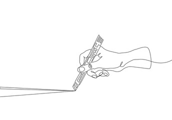Continuous one line drawing of a hand holding a cutter, making a precise cut. Minimalist art, perfect for design, creativity, craftsmanship, and precision concepts.Vector Editable stoke