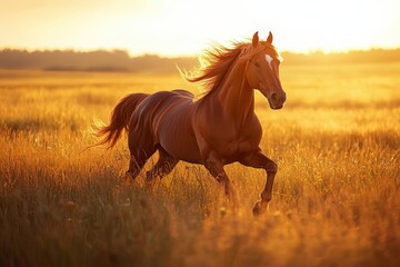 Fototapeta premium Majestic Horse Galloping Through Golden Field at Sunset