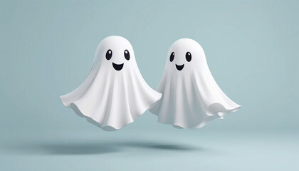 two cute white ghosts flying on pastel background