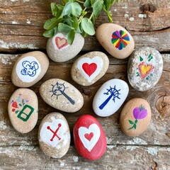 Painted Rocks on Rustic Wood Background: Artful Decorations or Gifts
