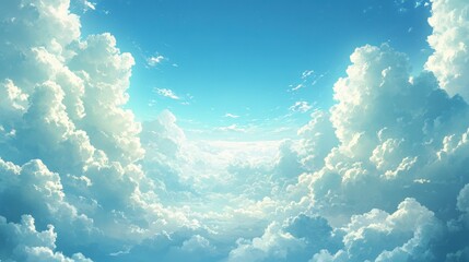 Bright Blue Sky with Fluffy White Clouds, Heavenly Sunlight, Peaceful Atmosphere