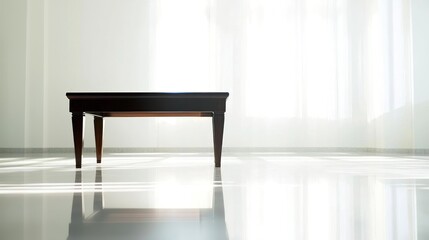 Fototapeta premium Dark wood coffee table in sunlit white room