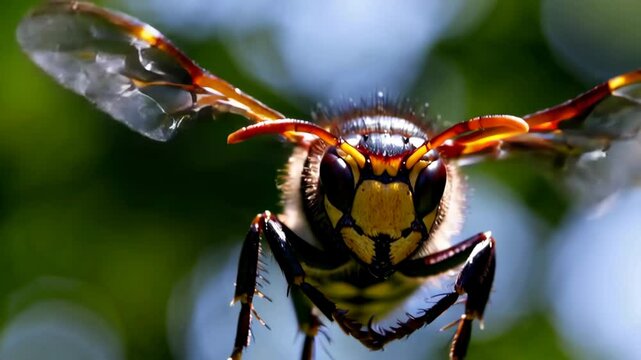 Giant hornet is flying towards camera close-up against blurred background
