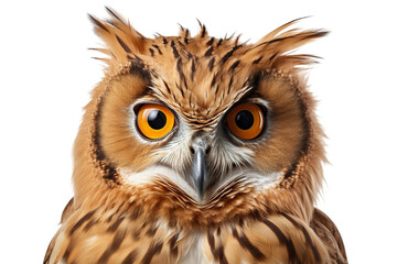 Fototapeta premium Close-up of a majestic owl with striking orange eyes and intricate feather patterns, showcasing wildlife's natural beauty.