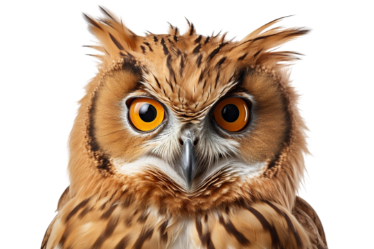 Close-up of a majestic owl with striking orange eyes and intricate feather patterns, showcasing wildlife's natural beauty.