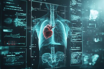 Futuristic Representation of Human Thorax in Sci-Fi Style with Digital Elements and Heart Visualization