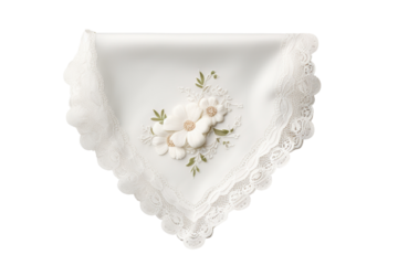 Delicate white handkerchief with floral embroidery and lace detailing, showcasing intricate craftsmanship.