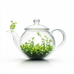 Glass Teapot with Fresh Greenery Inside Isolated on White Background