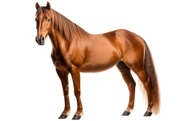 Naklejka premium A majestic chestnut horse standing elegantly in a studio setting, showcasing its shiny coat and strong physique.