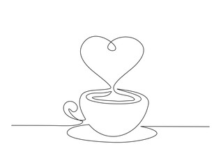 Continuous one line drawing of a cup of hot coffee. A cup of coffee with steam in single line draw illustration. Editable stroke.
