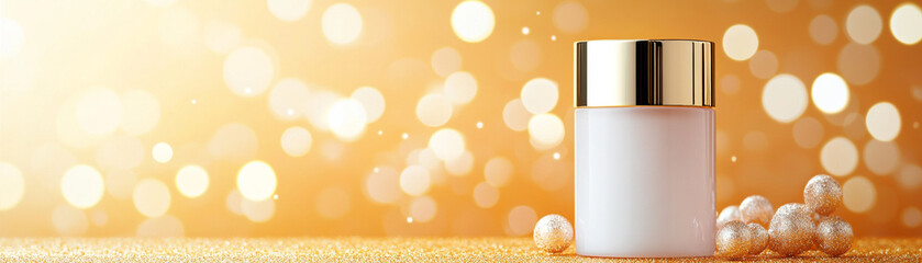 Elegant cream jar with pearls on a sparkling background for beauty and skincare.