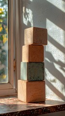 Fototapeta premium Stacked Wooden Blocks in Window Light Reflecting Shadow on Wall