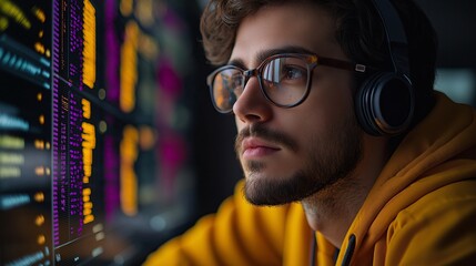 Coding revolution young programmer analyzing data in modern office environment