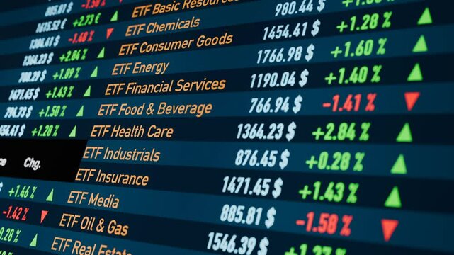 ETF (Exchange Trade Funds) trading sheet,  investment opportunities. Country, commodity, bond and industry sector ETF. Banking, savings, stock market and exchange, growth, strategy. 3D animation