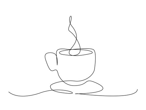 Continuous one line drawing of a cup of hot coffee. A cup of coffee with steam in single line draw illustration. Editable stroke.