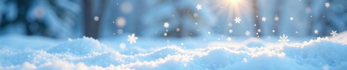 Naklejka premium Snowflakes dance in the air as they fall gently on a snowy white background, icy waters, peaceful moments, Snowfall