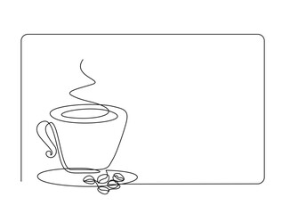 Continuous one line drawing of a cup of hot coffee. A cup of coffee with beans in single line draw illustration. Editable stroke.