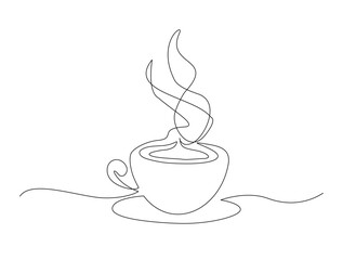 Continuous one line drawing of a cup of hot coffee. A cup of coffee with steam in single line draw illustration. Editable stroke.