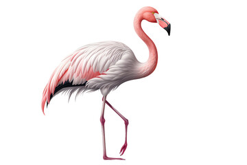 A graceful pink flamingo stands elegantly on one leg against a white background, showcasing its beautiful plumage.