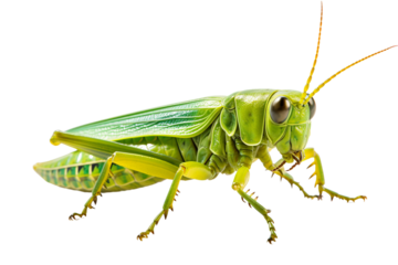 A vibrant green grasshopper perched against a white background, showcasing its intricate wings and features.