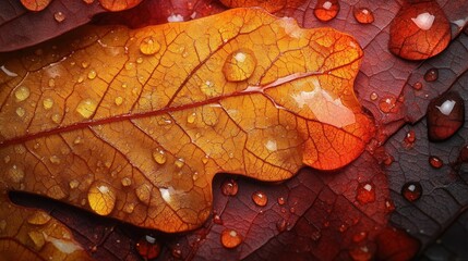 Fototapeta premium Close Up of Red and Orange Autumn Leaves with Water Droplets