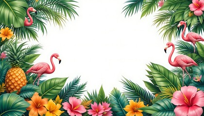 Flamingos and Tropical Foliage Frame with Pineapple for Summer Designs