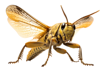 Close-up of a detailed yellow grasshopper against a white background, showcasing its intricate wings and large eyes.