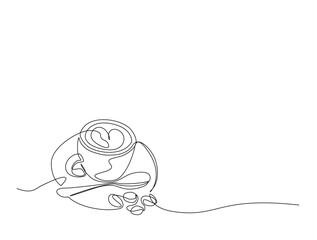 Continuous one line drawing of a cup of hot coffee. A cup of coffee with beans in single line draw illustration. Editable stroke.