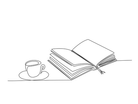 Continuous one line drawing of book with a cup of coffee. Book and coffee in single line draw illustration. Editable stroke.