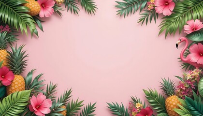 Tropical Summer Themed Border with Flamingo, Pineapple, and Hibiscus Flowers