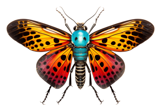 A breathtaking, colorful butterfly showcasing striking orange and blue patterns against a white background.