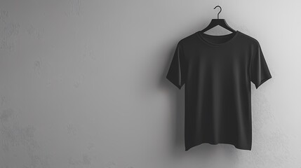 A striking black t-shirt elegantly hanging on a minimalist background