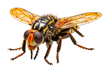 Close-up of a large, detailed insect with striking orange wings and prominent red eyes.