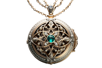 An elegant vintage locket with intricate floral designs, featuring a stunning emerald centerpiece surrounded by sparkling diamonds.
