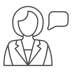 Obraz premium Tour guide woman thin line icon, exhibition concept. Vector graphics. Girl with talk bubble sign on white background, outline style icon for mobile or web design.