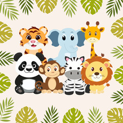 Naklejka premium Set of cartoon animals with leaves 