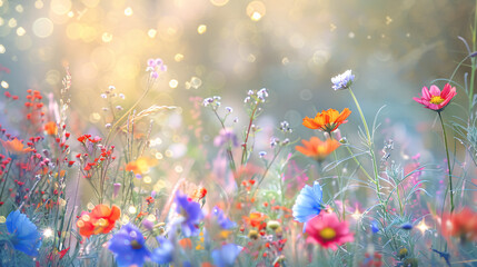 Obraz premium Colorful flower meadow with sunbeams and bokeh lights in summer. A nature background banner with copy space, suitable for a summer greeting card or wildflowers spring concept.