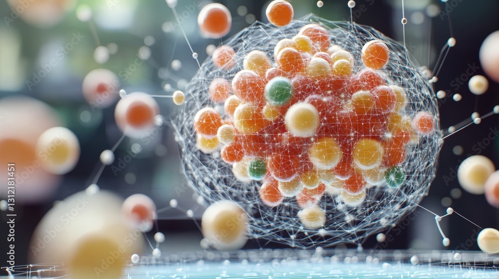 Poster artistic representation of a sphere composed of balls and wires creating a unique structure of conne