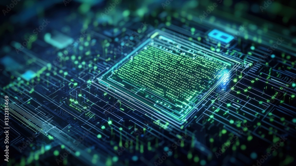 Poster intricate circuit board design with vibrant green lights illuminating the pathways and connections o