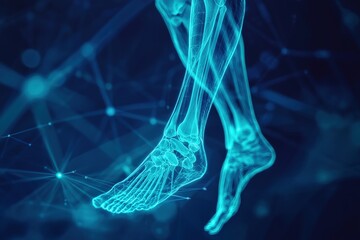 Imaginative Representation of X-ray Feet with Blue Digital Elements on a Dark Background