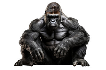 Fototapeta premium A majestic male gorilla sitting in a serene pose, showcasing its powerful build and expressive gaze against a white background.