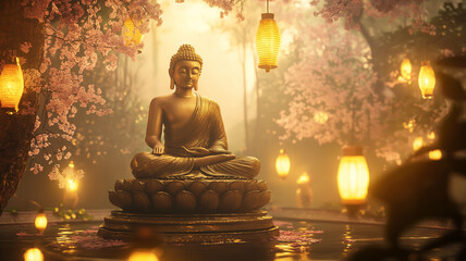 Buddha sitting in a meditative pose on a lotus pedestal, bathed in golden light, surrounded by glowing lanterns, soft mist, and cherry blossoms