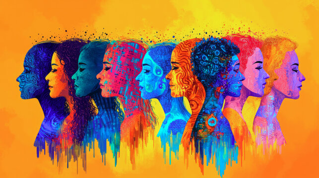 Vibrant woman silhouettes splashed with colorful paint, symbolizing neurodiversity and autism spectrum complexity and individual expression