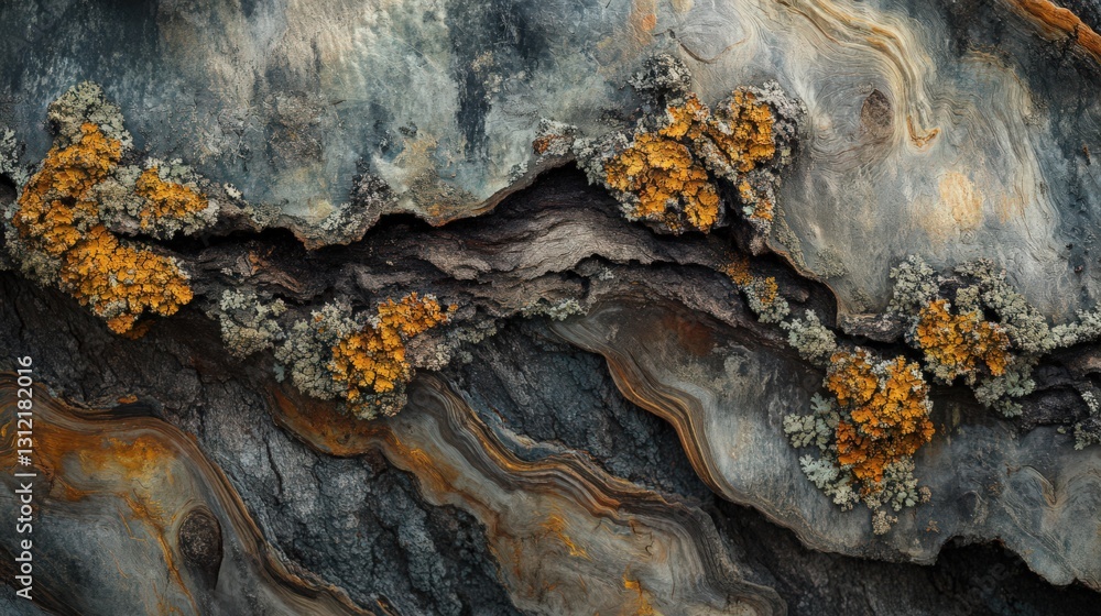 Poster intricate patterns in bark and lichen create natural abstract composition