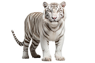 A majestic white tiger stands confidently, showcasing its striking black stripes and captivating blue eyes.