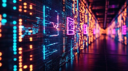 Obraz premium Futuristic digital wall display featuring a vibrant neon sign against a dark background creating a high-tech atmosphere