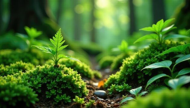 Deep forest floor covered in moss and ferns with Veratrum viride growing among them, green, plant, foliage